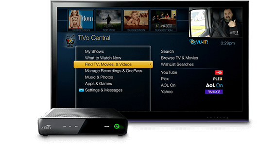 TV with box showing TiVo Whole Home screen