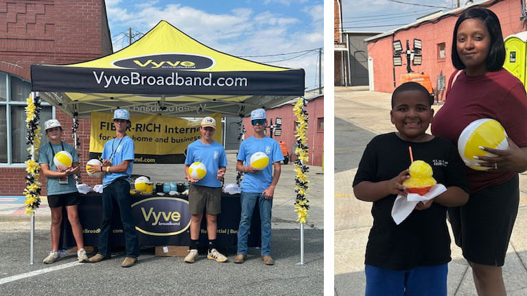 Photo collage: Young teens pose with beachballs in front of a Vyve Broadband tent (left). A young mom holding a beachball poses with her son (right).